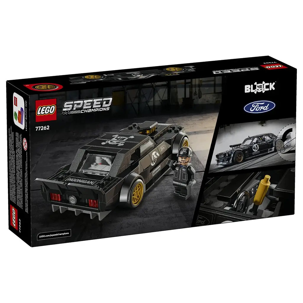 LEGO Speed Champions Ford Mustang Hoonicorn 77262 package back shows the black race car with gold wheels from rear and side angles, plus its driver minifigure and interior.