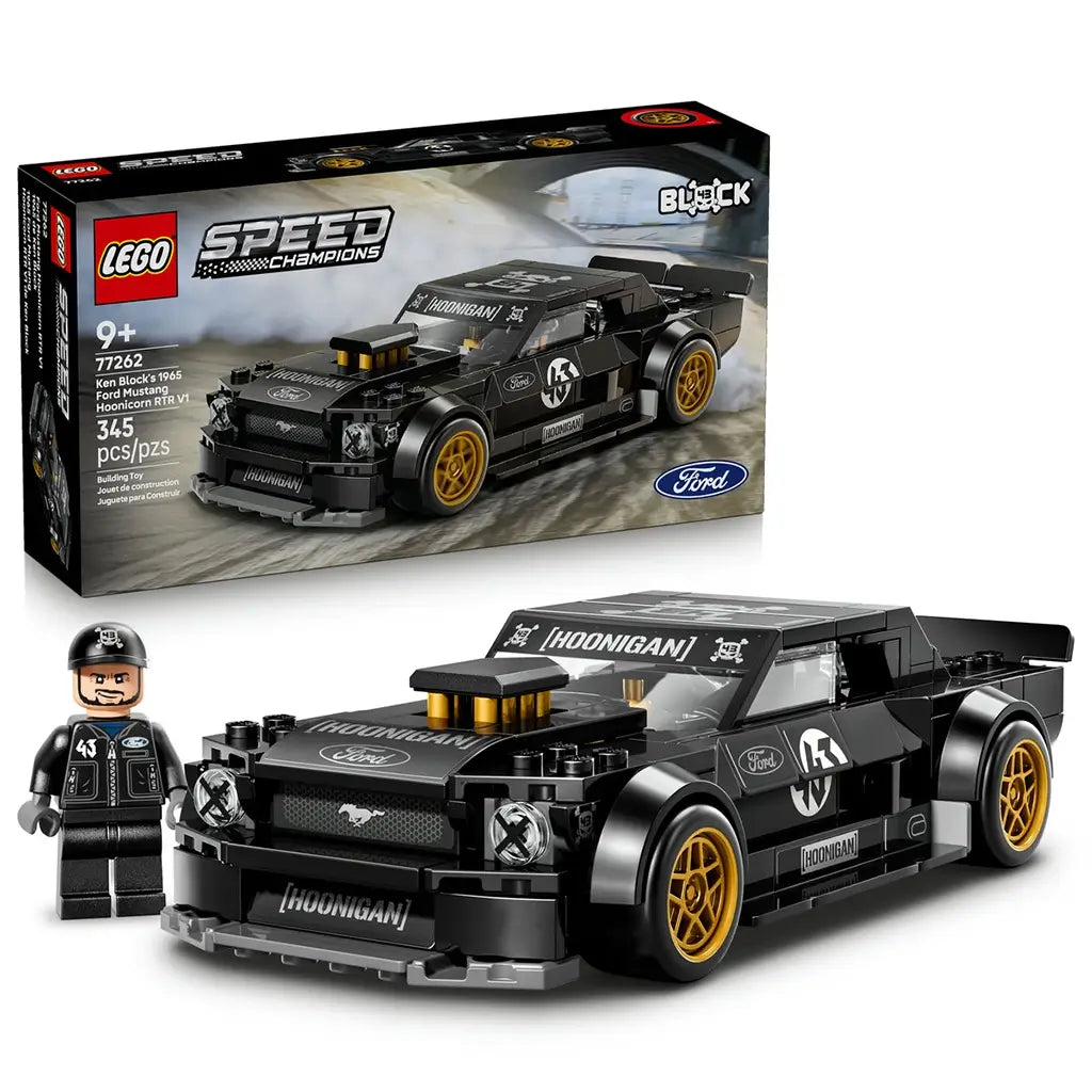 LEGO Speed Champions Ford Mustang Hoonicorn pairs a black brick-built race car with gold wheels, Hoonigan graphics, driver minifigure and retail box on a white background.