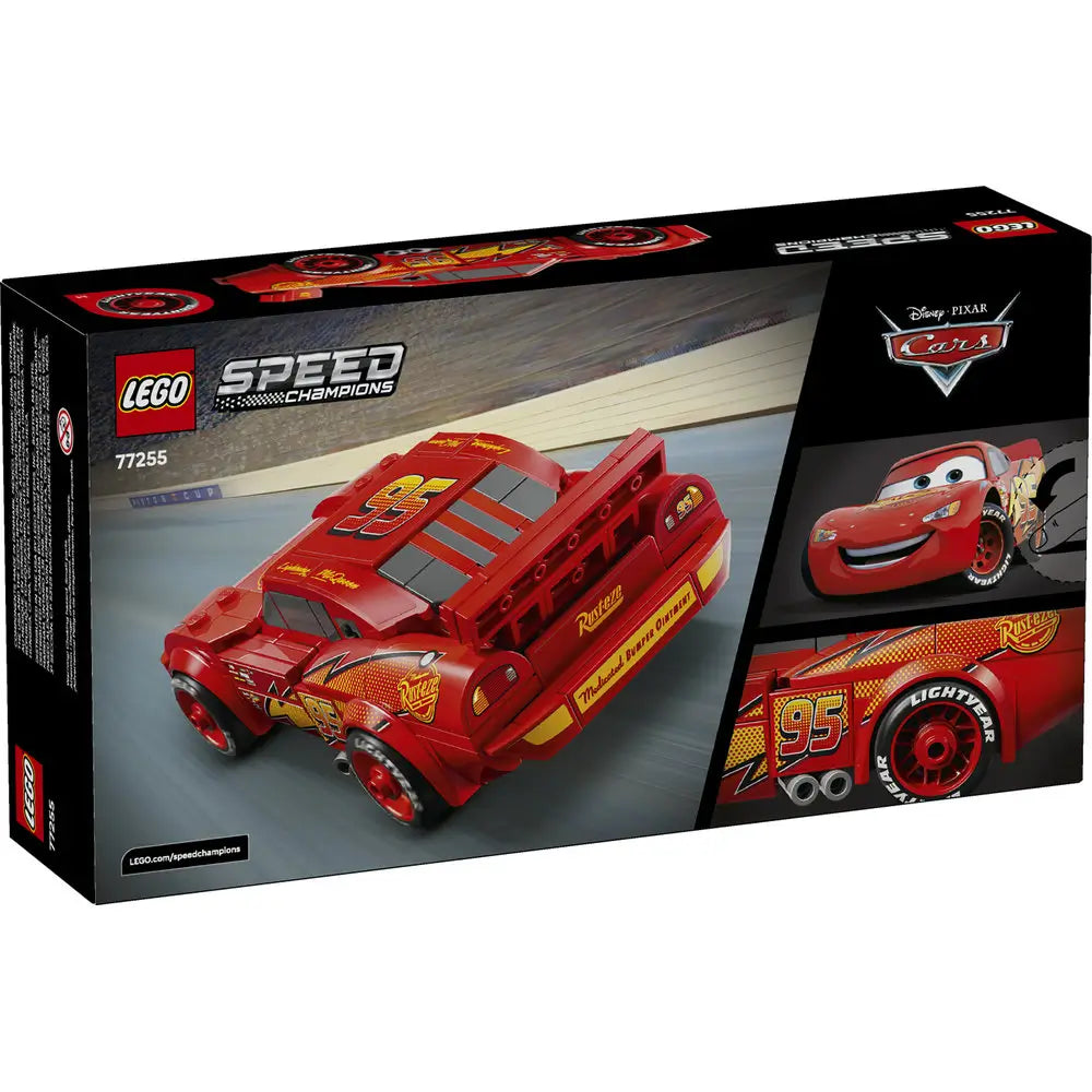 LEGO Lightning McQueen package back showing rear and side views of the red race car, close-up details, play features, and Disney Pixar Cars references on Speed Champions packaging