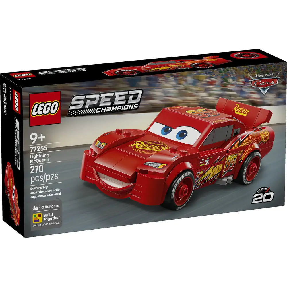 LEGO Speed Champions Lightning McQueen box front in black packaging, featuring the red race car model on a racetrack backdrop with Disney Pixar Cars branding, age rating, and piece count clearly visible