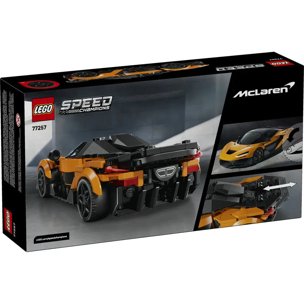 LEGO McLaren W1 package back showing rear view of the orange and black supercar model, detailed construction features, opening sections, and alternate angles highlighted on black Speed Champions packaging