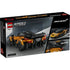 LEGO McLaren W1 package back showing rear view of the orange and black supercar model, detailed construction features, opening sections, and alternate angles highlighted on black Speed Champions packaging