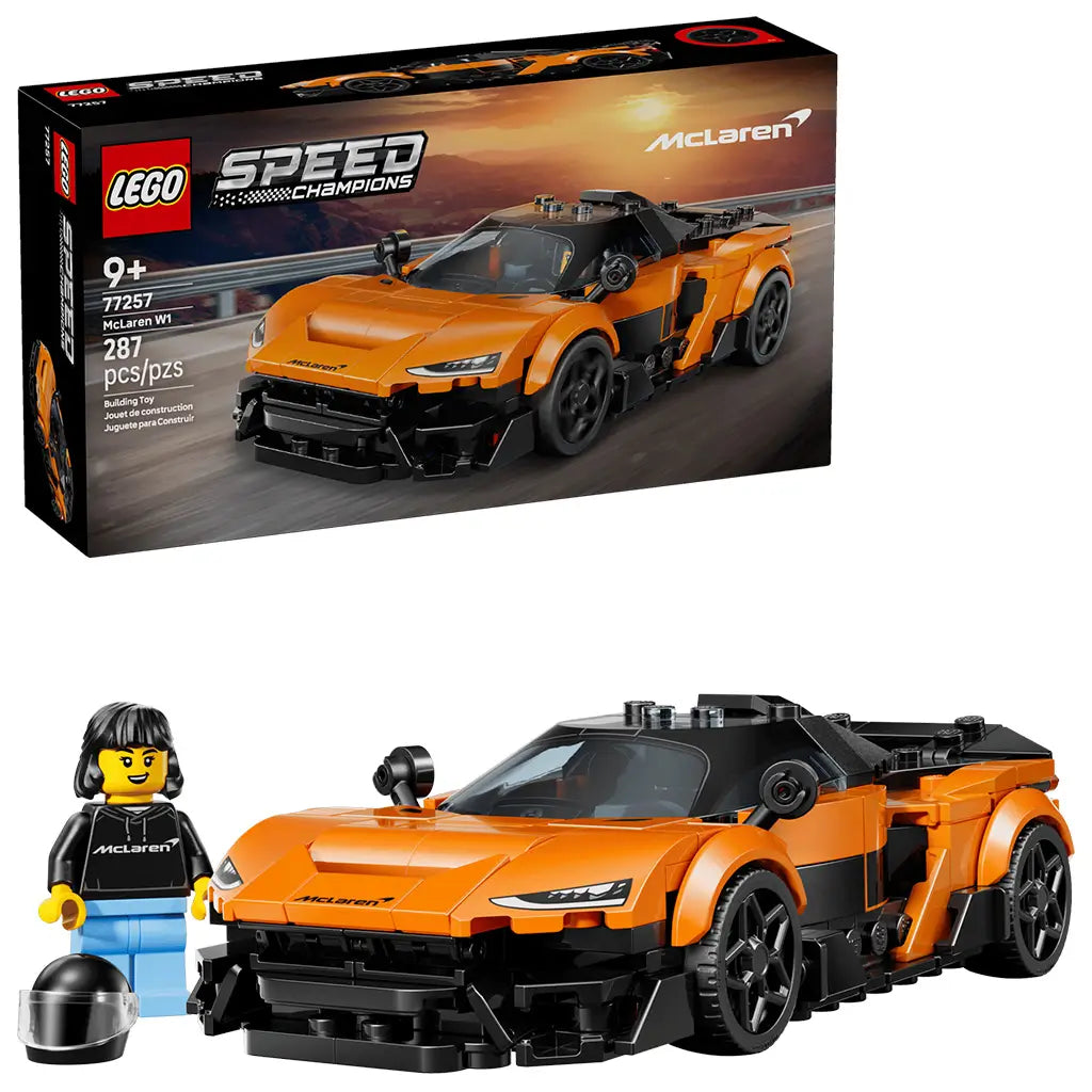 LEGO Speed Champions McLaren W1 toy set in bright orange plastic with black accents, sleek sports car build and minifigure with helmet, displayed beside retail box on a clean white background.