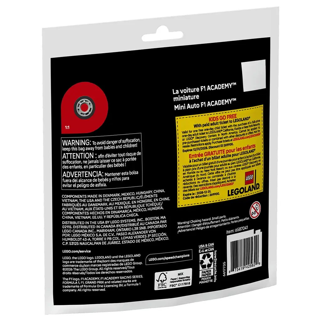 LEGO Speed Champions mini F1 car box back displays black packaging with the light blue and purple race car model, highlighting wheel detail, compact build, and safety information with multilingual text in a clean product layout.