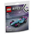 LEGO Speed Champions mini F1 car set features a light blue and purple plastic race car with black wheels, low aerodynamic shape, and compact open cockpit, designed as a small Formula-style vehicle, shown on branded packaging with motion track background.