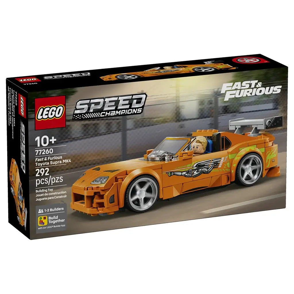 LEGO Speed Champions Toyota Supra MK4 box front shows the orange Fast & Furious brick-built sports car with silver wheels and rear wing on a blurred racetrack backdrop.