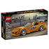 LEGO Speed Champions Toyota Supra MK4 box front shows the orange Fast & Furious brick-built sports car with silver wheels and rear wing on a blurred racetrack backdrop.