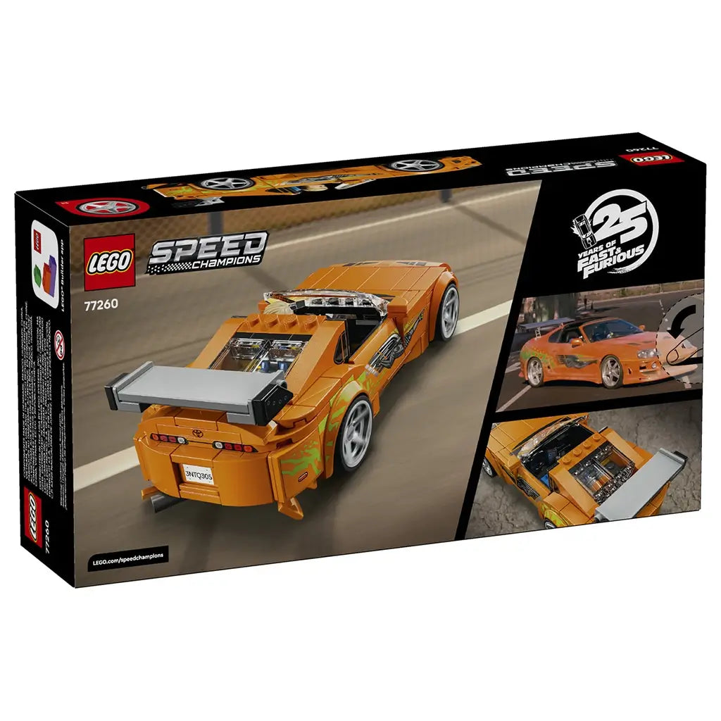 LEGO Speed Champions Toyota Supra MK4 package back shows the orange brick-built Fast & Furious car from the rear, plus reference images and engine details on a racing backdrop.