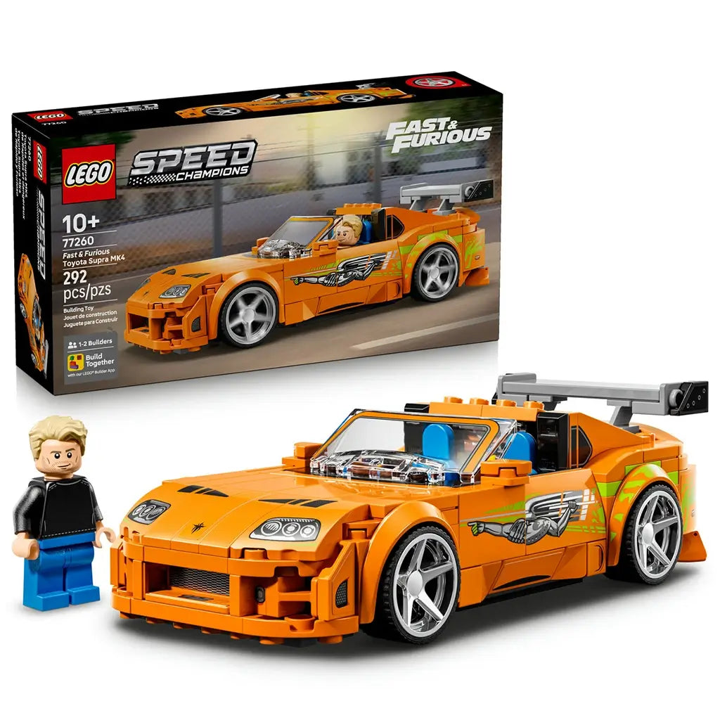 LEGO Speed Champions Toyota Supra MK4 set features an orange brick-built Fast & Furious sports car with silver wheels, rear wing and driver minifigure beside its retail box.