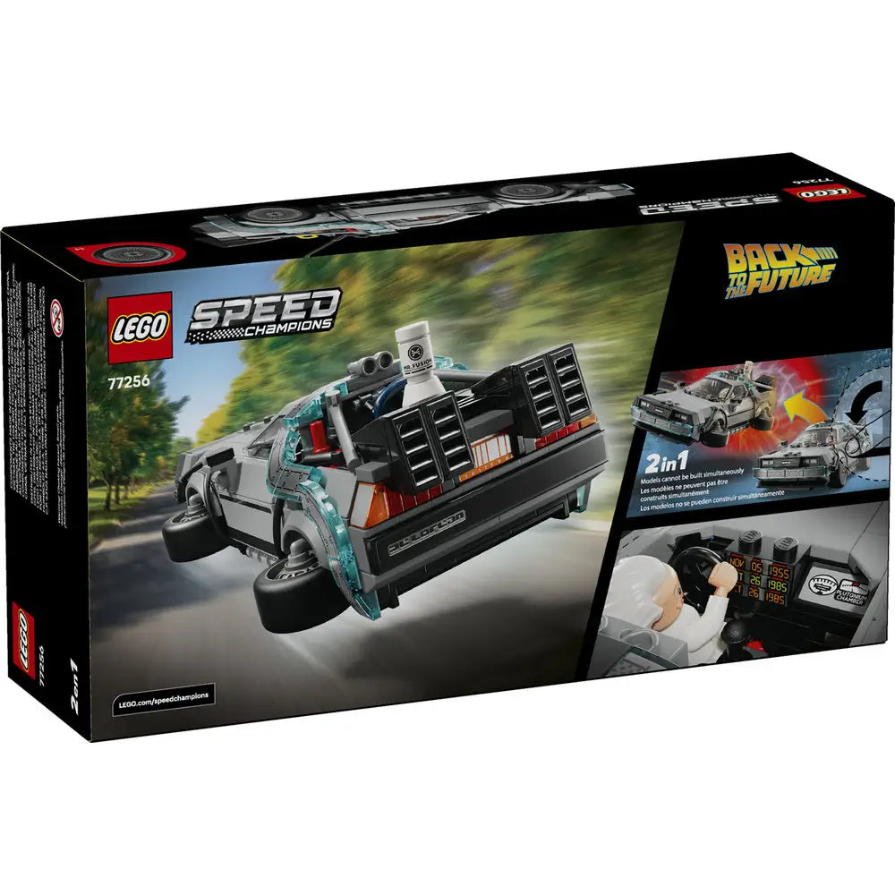 LEGO Back to the Future Time Machine package back showing rear and flying-mode views of the DeLorean, transformation features, interior details, and play functions highlighted on Speed Champions packaging