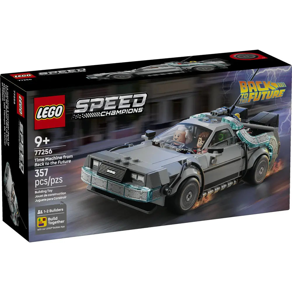 LEGO Speed Champions Back to the Future Time Machine box front in black packaging, showing the DeLorean model with lightning effects, minifigures inside, movie branding, age rating, and piece count