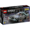 LEGO Speed Champions Back to the Future Time Machine box front in black packaging, showing the DeLorean model with lightning effects, minifigures inside, movie branding, age rating, and piece count