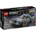 LEGO Speed Champions Back to the Future Time Machine box front in black packaging, showing the DeLorean model with lightning effects, minifigures inside, movie branding, age rating, and piece count