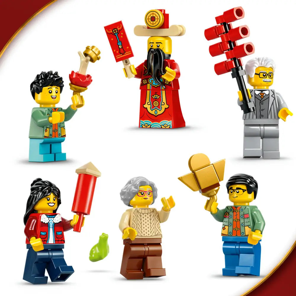LEGO Spring Festival minifigures in colorful plastic outfits holding lanterns, scrolls, and firecrackers, representing different generations celebrating together against a clean white studio backdrop