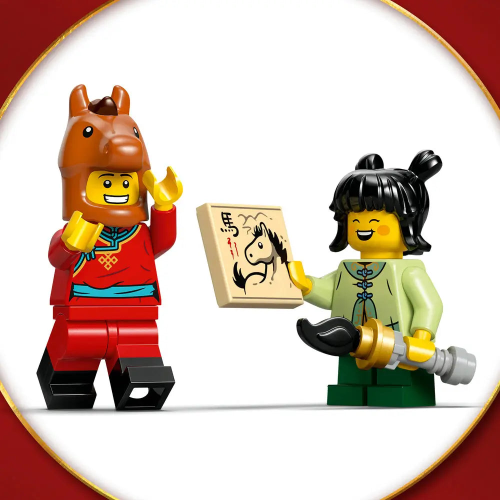 LEGO minifigures in bright red and light green outfits with glossy plastic textures hold a printed horse tile and accessories, celebrating the Spring Festival theme against a clean white backdrop