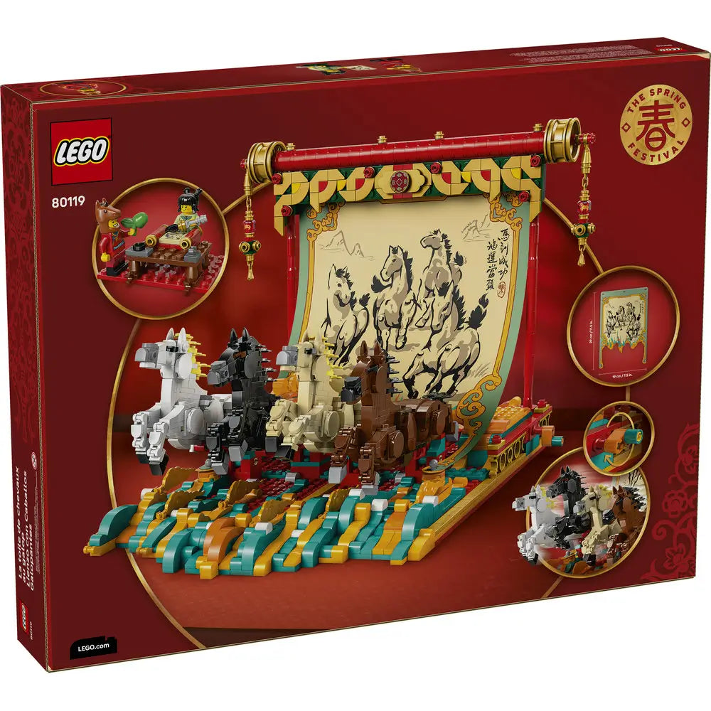 LEGO 80119 Galloping Horses Canvas package back in rich red with gold graphics, highlighting play features, minifigures, alternate views, and close-ups of the horse display build