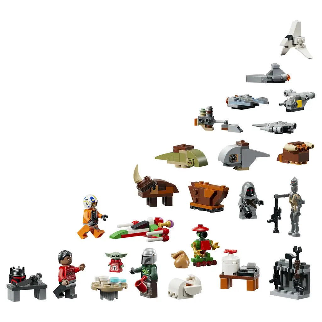 LEGO Star Wars Advent Calendar 2026 features colorful brick-built starships, creatures, workshop models and five minifigures arranged together on a clean white background.
