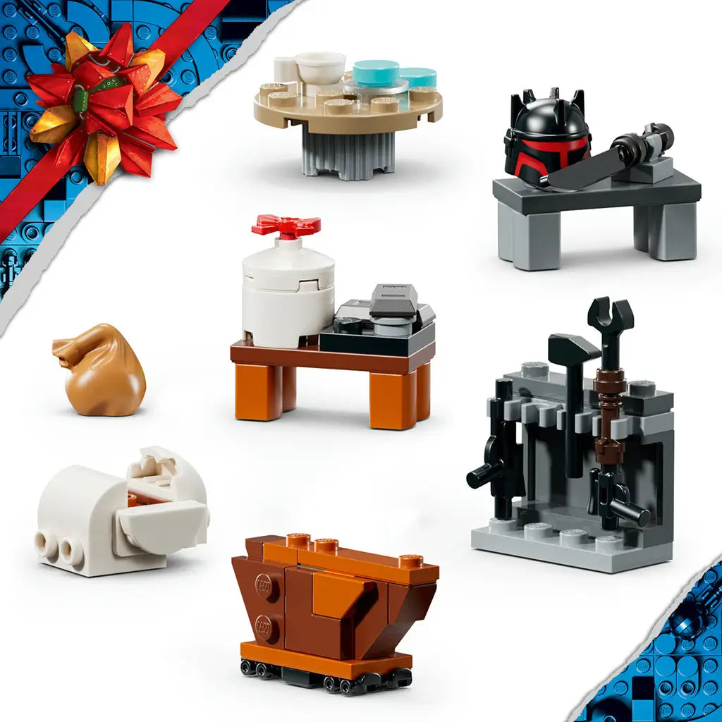 LEGO Star Wars Advent Calendar 2026 mini builds feature gray, brown, tan and black brick models of a helmet stand, workshop, cart, table and armory on white.