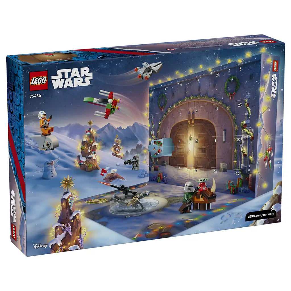 LEGO Star Wars Advent Calendar 2026 package back shows a blue snowy holiday scene with numbered doors, glowing lights, minifigures, mini starships and festive builds.