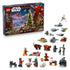 LEGO Star Wars Advent Calendar 2026 set shows its blue holiday box beside colorful minifigures, starships, creatures and workshop mini builds on a white background.