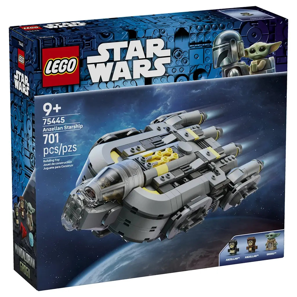 LEGO Star Wars Anzellan Starship retail box features gray spacecraft artwork with yellow accent details, rectangular packaging and character images, presented against a space themed background.