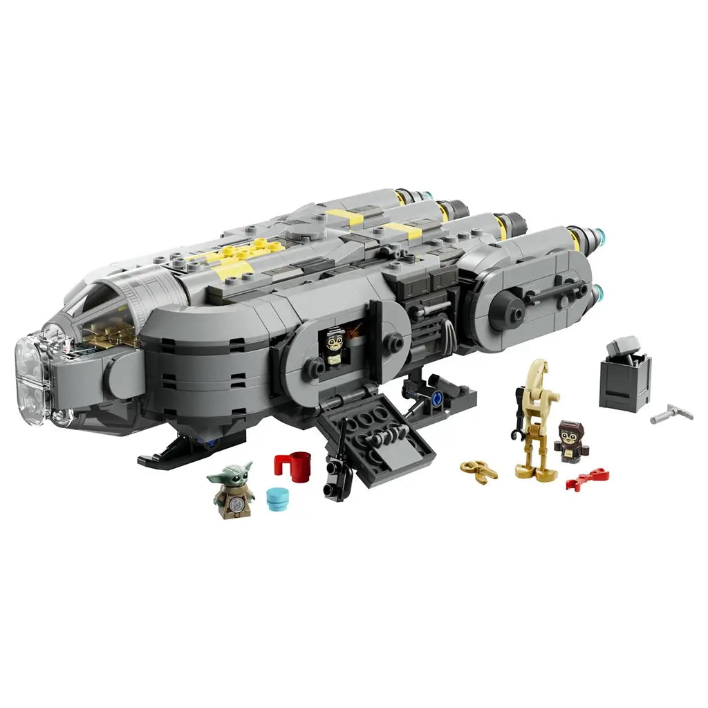 LEGO Star Wars Anzellan Starship collectible features a gray plastic spacecraft with rounded form, yellow accent panels, opening compartment and character accessories on a clean studio background.