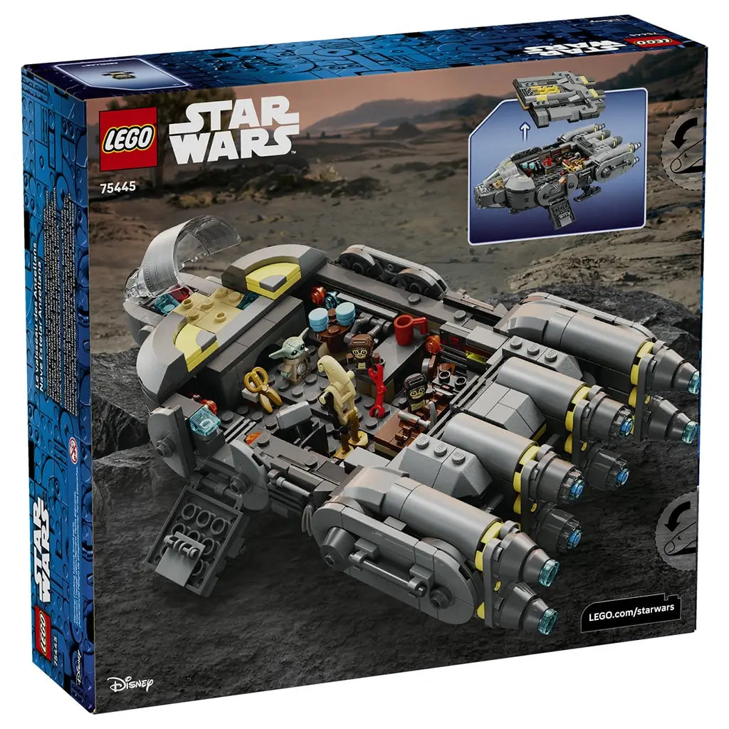 LEGO Star Wars Anzellan Starship package back features a gray plastic spacecraft with opening cockpit, detailed interior layout and character figures, highlighted against a rocky themed backdrop.