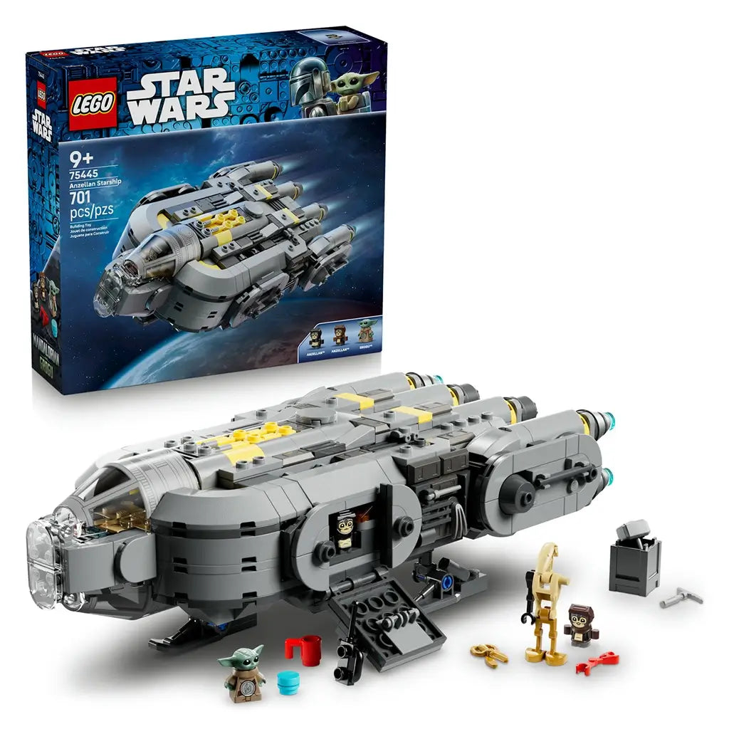 LEGO Star Wars Anzellan Starship toy features a gray plastic spacecraft with rounded contours, yellow accent panels and opening compartments, displayed with minifigures and retail box on a light backdrop.