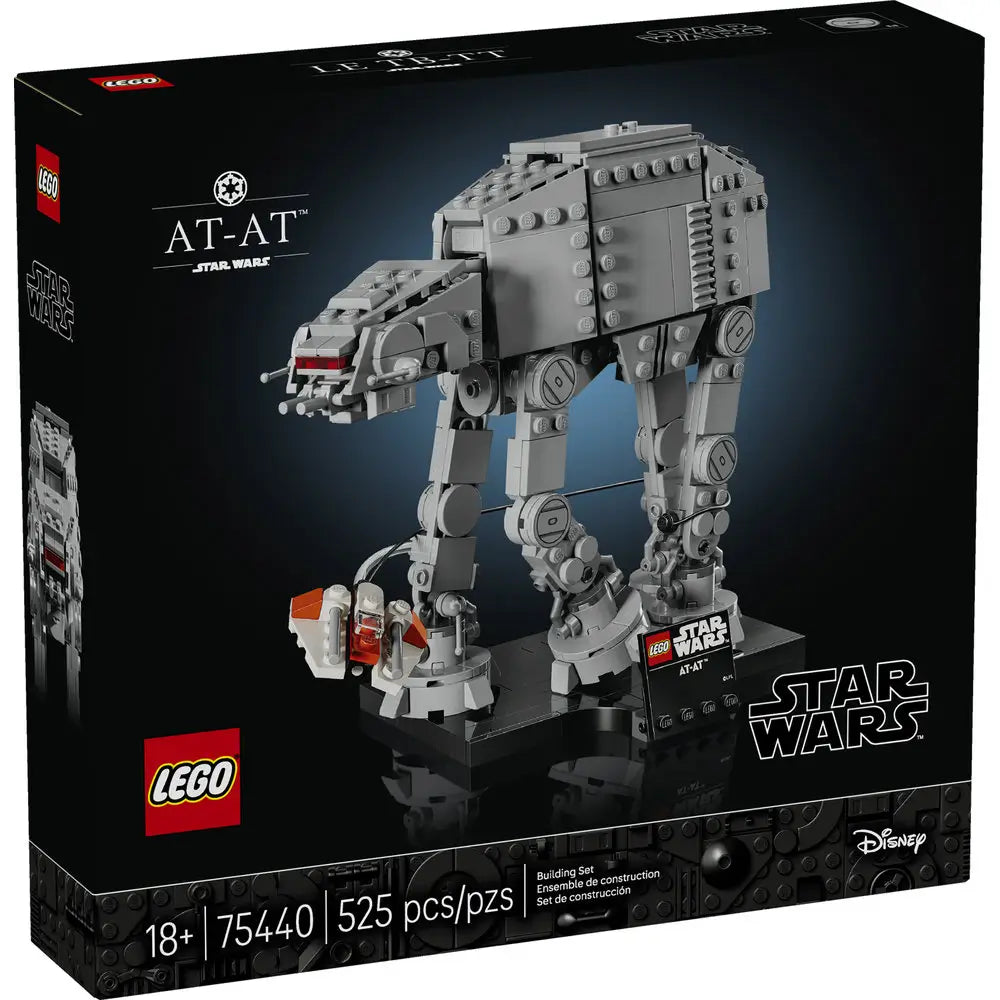 LEGO Star Wars AT-AT building set box in matte black packaging, featuring the completed light gray walker on a display stand, with Star Wars branding, age rating, set number 75440, and piece count on the front.