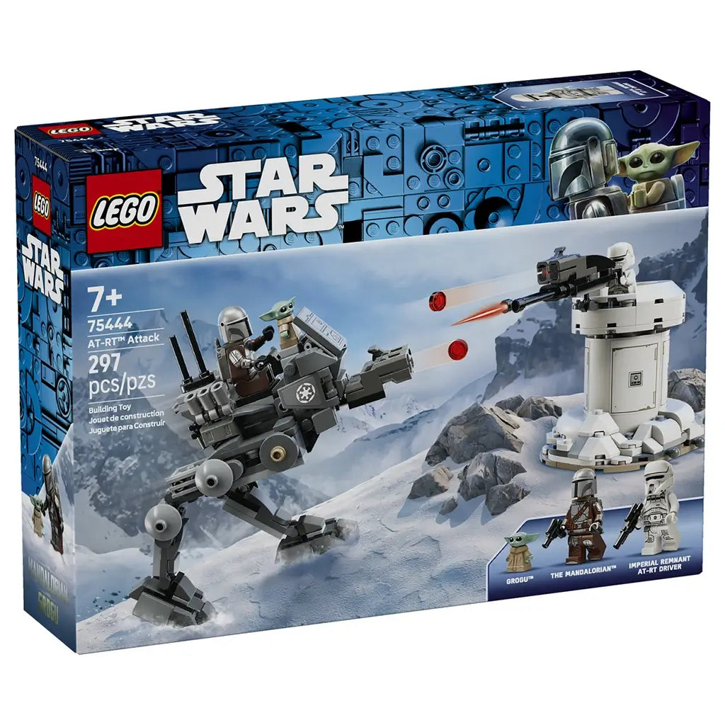 LEGO Star Wars AT-RT Attack toy box shows gray plastic walker, white turret structure and Mandalorian-themed characters, presented in a snowy combat scene with product branding.