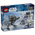 LEGO Star Wars AT-RT Attack toy box shows gray plastic walker, white turret structure and Mandalorian-themed characters, presented in a snowy combat scene with product branding.