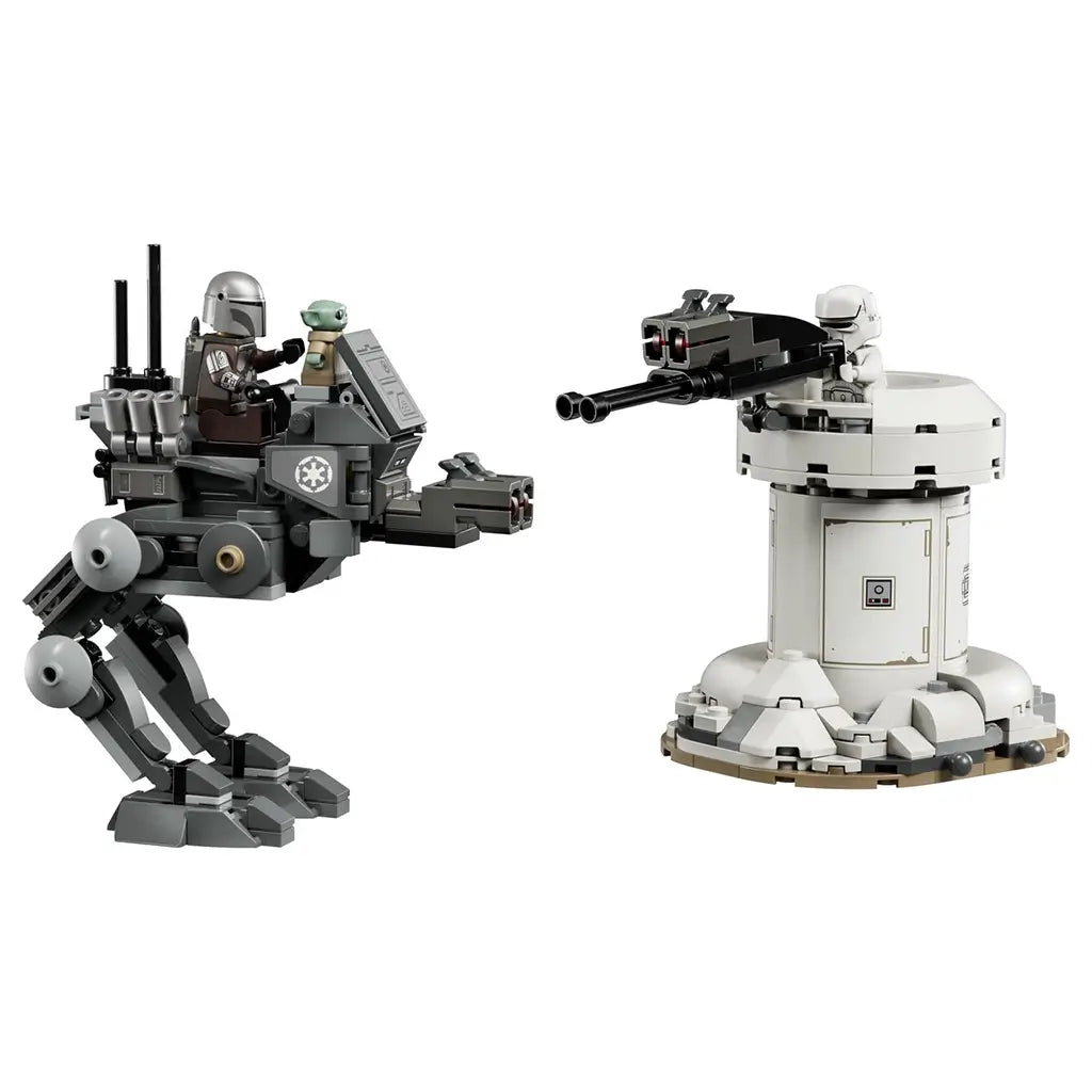 LEGO Star Wars AT-RT Attack building set includes a gray articulated walker, white defensive turret and character figures, displayed on a clean light background for product viewing.