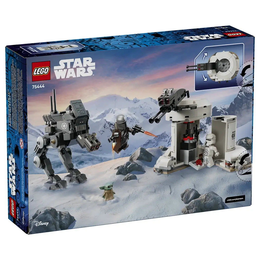 LEGO Star Wars AT-RT Attack set features gray plastic walker and white defense turret builds with character minifigures, action functions and snowy mountain battlefield artwork on packaging.
