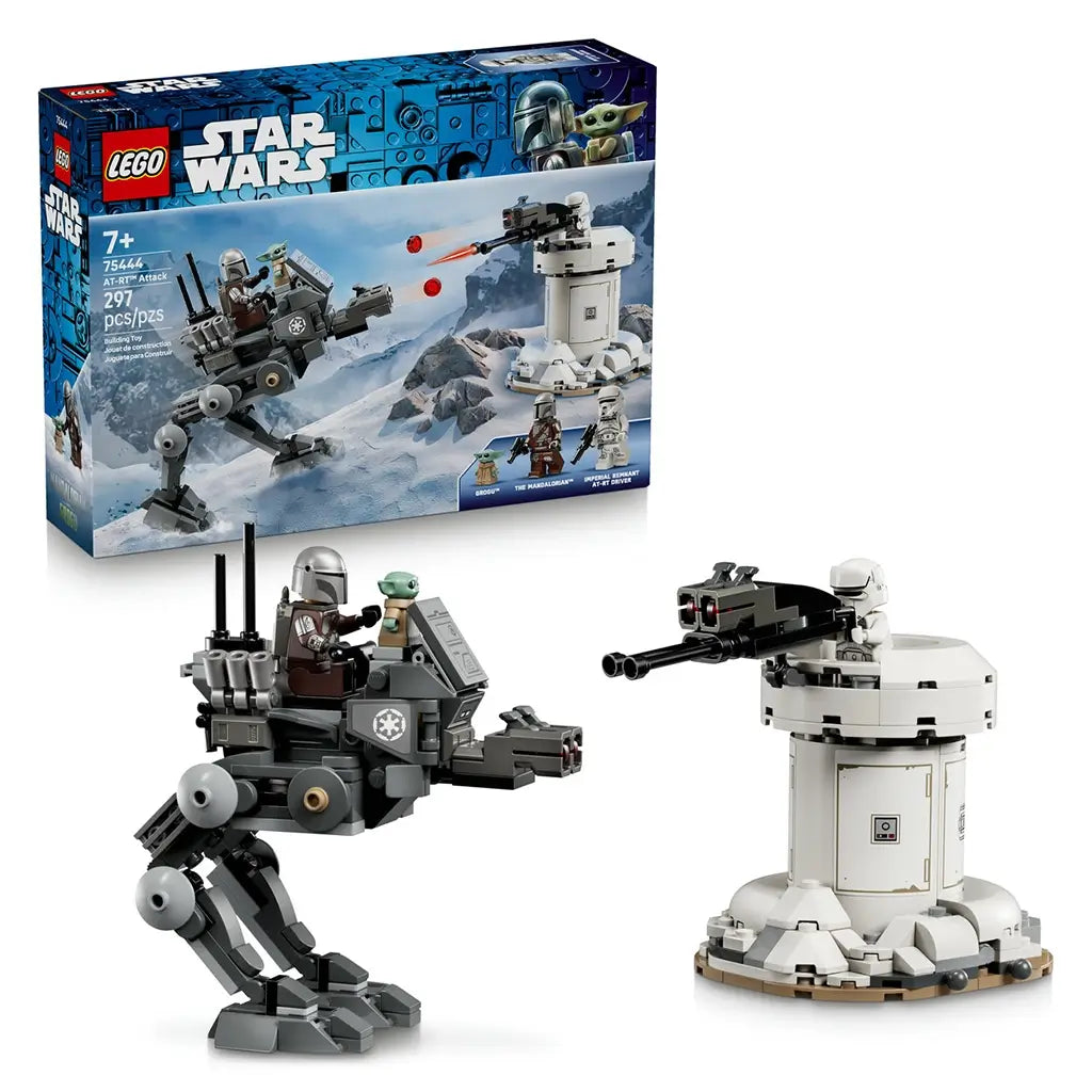LEGO Star Wars AT-RT Attack construction set combines a gray plastic walker, white defensive turret and character minifigures, displayed with retail packaging on a light background.
