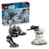 LEGO Star Wars AT-RT Attack construction set combines a gray plastic walker, white defensive turret and character minifigures, displayed with retail packaging on a light background.