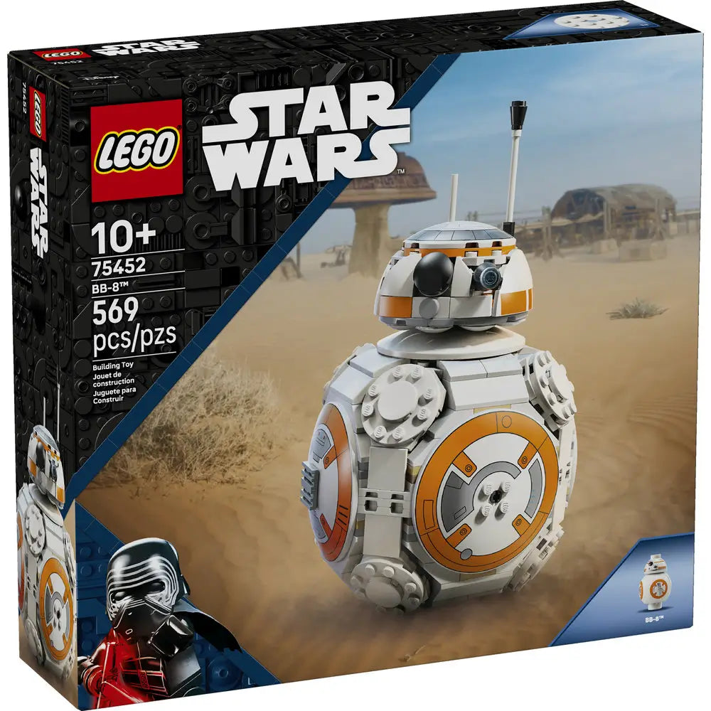 LEGO Star Wars BB-8 box front in glossy cardboard showing the spherical astromech droid on a desert scene, with age 10+ label, 569 piece count, LEGO branding, and Star Wars retail artwork.