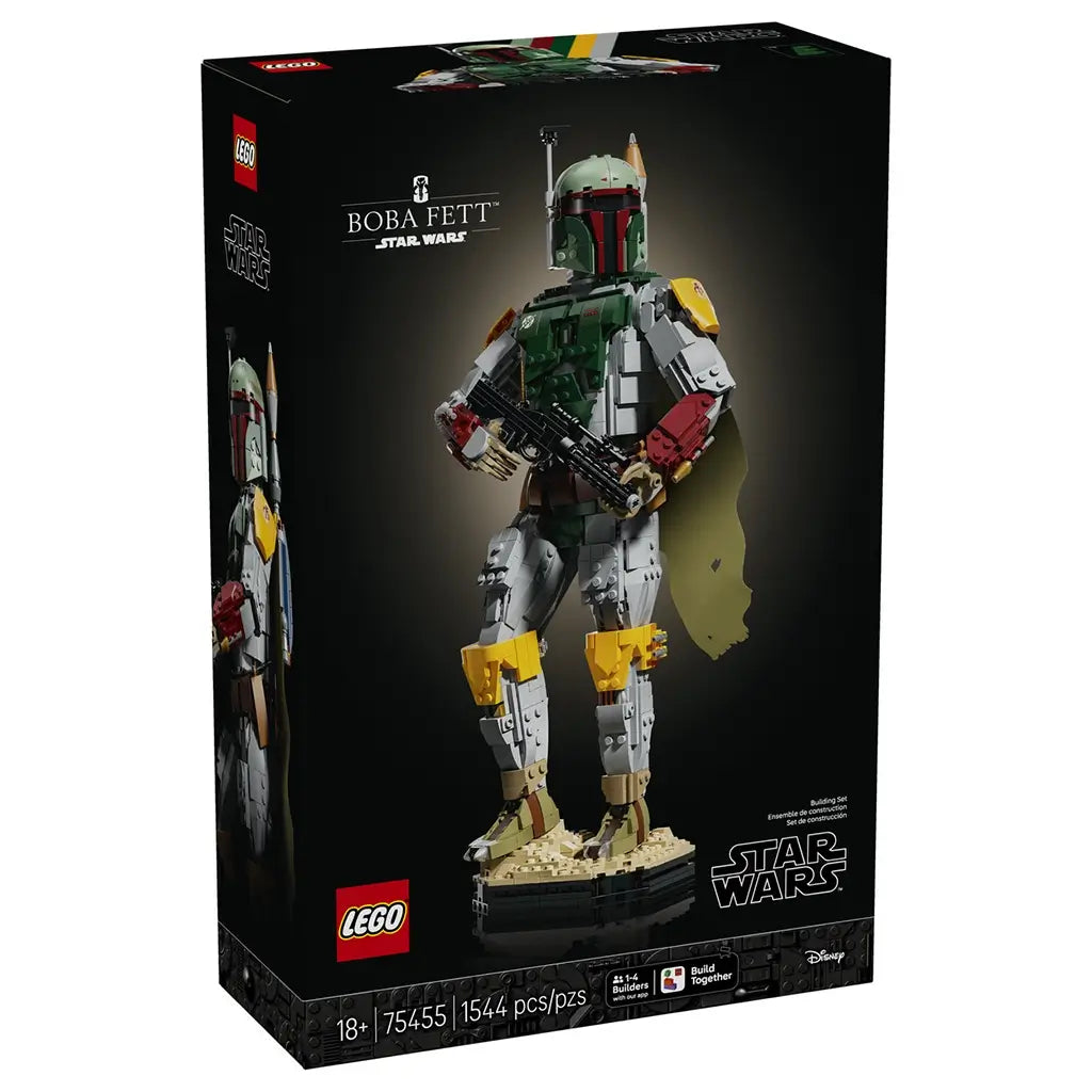 LEGO Star Wars Boba Fett 75455 box front in black, featuring the green, gray, red and yellow brick-built bounty hunter with blaster and cape on a tan display base.