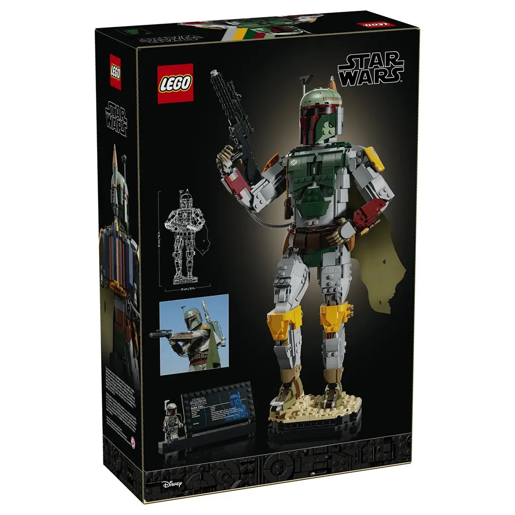 LEGO Star Wars Boba Fett 75455 box back in black, showing the green, gray, red and yellow brick-built figure with blaster, display base, minifigure and information plaque.