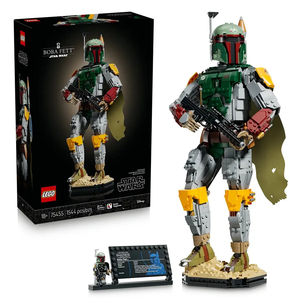 LEGO Star Wars Boba Fett 75455 set in green, gray, red and yellow plastic bricks, shown with the 1544-piece retail box, black blaster, display base, minifigure and plaque.
