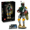 LEGO Star Wars Boba Fett 75455 set in green, gray, red and yellow plastic bricks, shown with the 1544-piece retail box, black blaster, display base, minifigure and plaque.