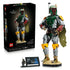 LEGO Star Wars Boba Fett 75455 set in green, gray, red and yellow plastic bricks, shown with the 1544-piece retail box, black blaster, display base, minifigure and plaque.