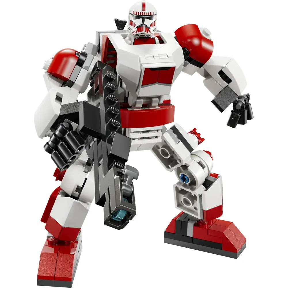 LEGO Star Wars Clone Shock Trooper mech in white, red, and gray plastic with bulky armored limbs, articulated joints, oversized blaster cannon, and a Clone Shock Trooper pilot, shown on a clean white background.