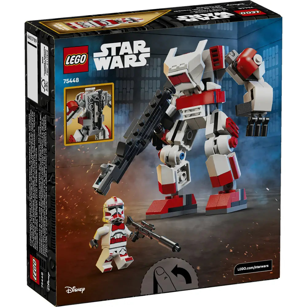 LEGO Star Wars Clone Shock Trooper Mech box back showing play features, poseability, minifigure details, and alternate angles illustrated across detailed retail packaging graphics.