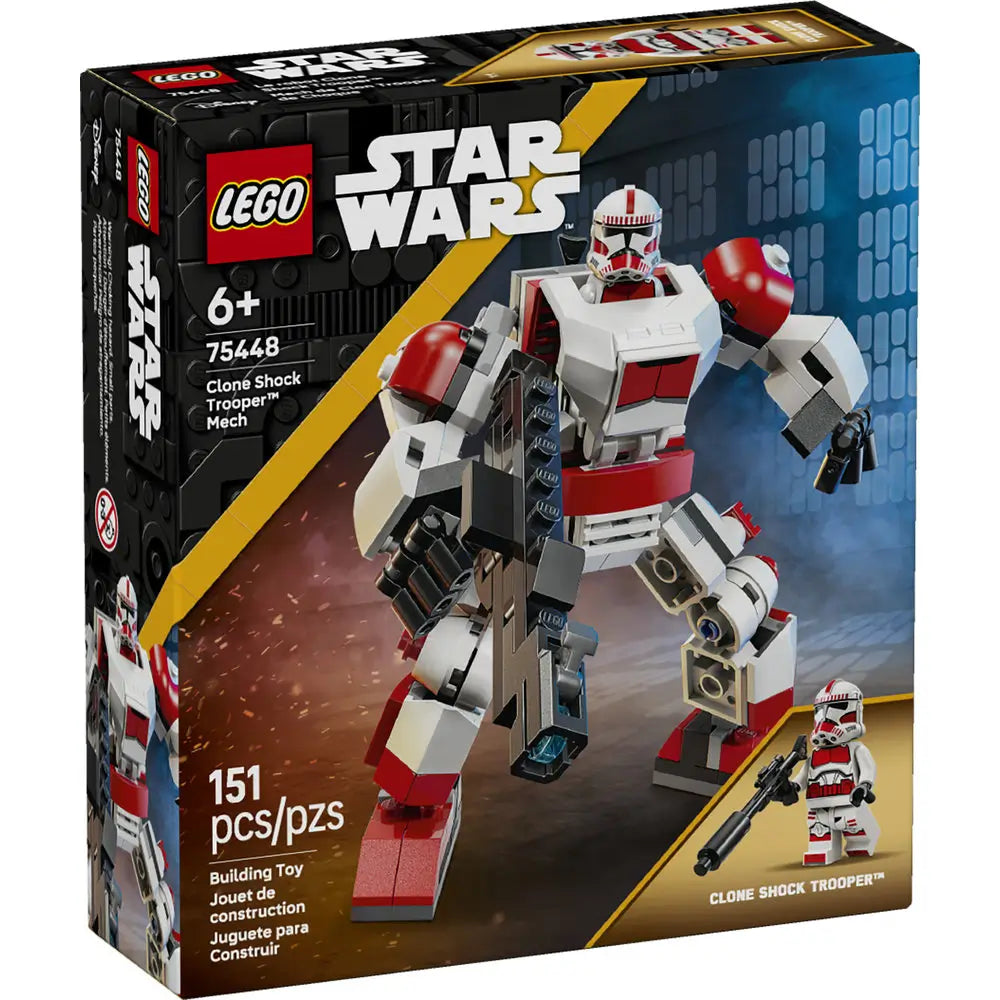 LEGO Star Wars Clone Shock Trooper Mech box front in glossy cardboard showing the red-and-white mech in action, with LEGO branding, age 6+ label, set 75448, and 151 piece count on retail packaging.