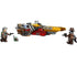 LEGO Star Wars speeder in yellow, red, and gray plastic with a long, narrow body and exposed engine details, built for fast desert travel and displayed with minifigures on a clean white background.