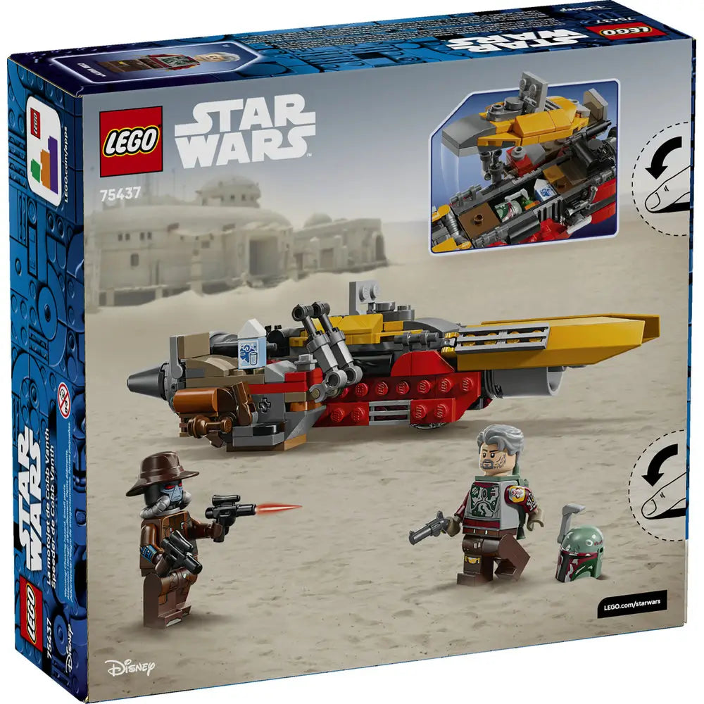 LEGO Star Wars Cobb Vanth’s Speeder package back in blue cardboard, showing alternate build angles, play features, and included minifigures against a printed desert backdrop.