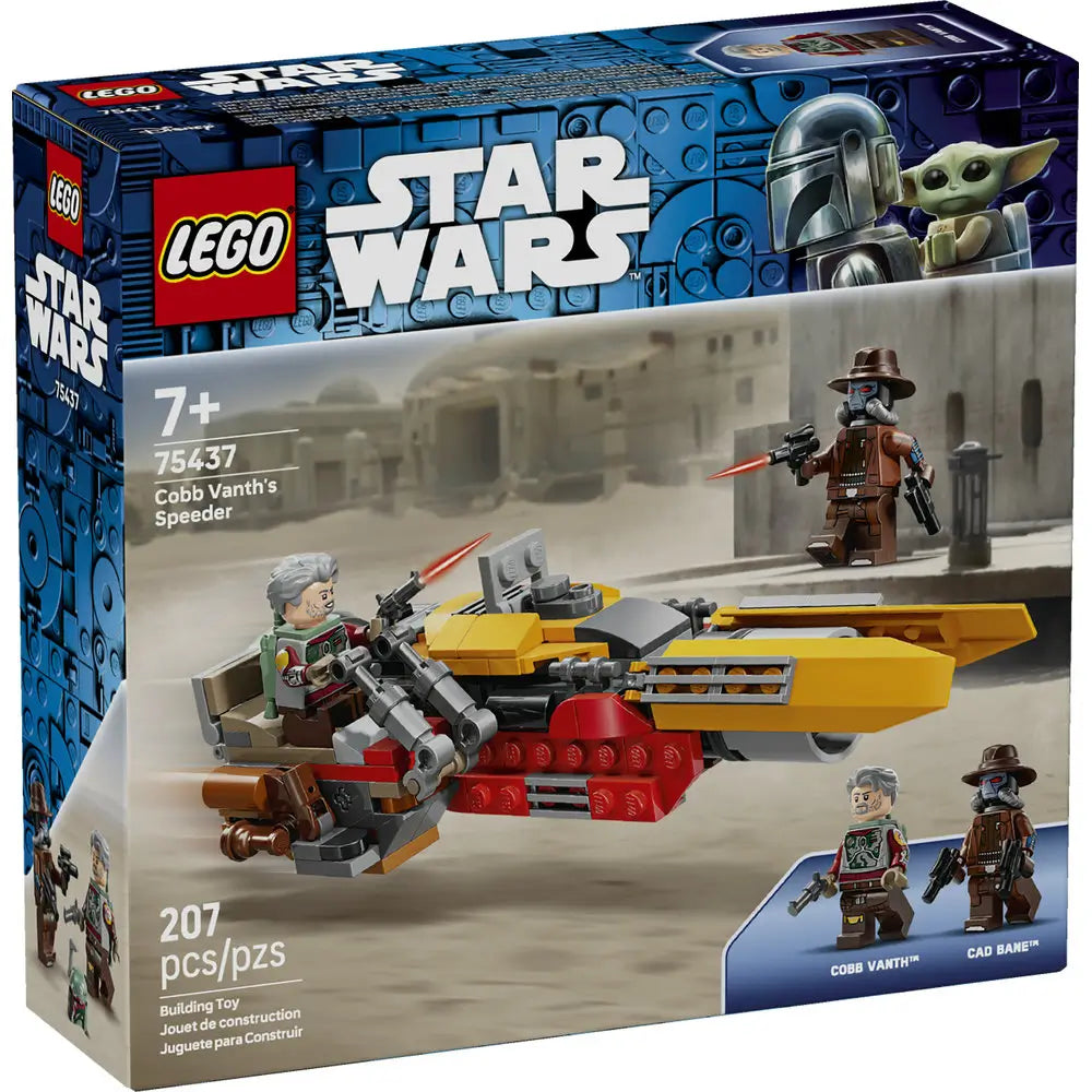 LEGO Star Wars Cobb Vanth’s Speeder building set box in blue cardboard with printed artwork showing the yellow and red speeder, minifigures, and a desert setting prominently on the front panel.