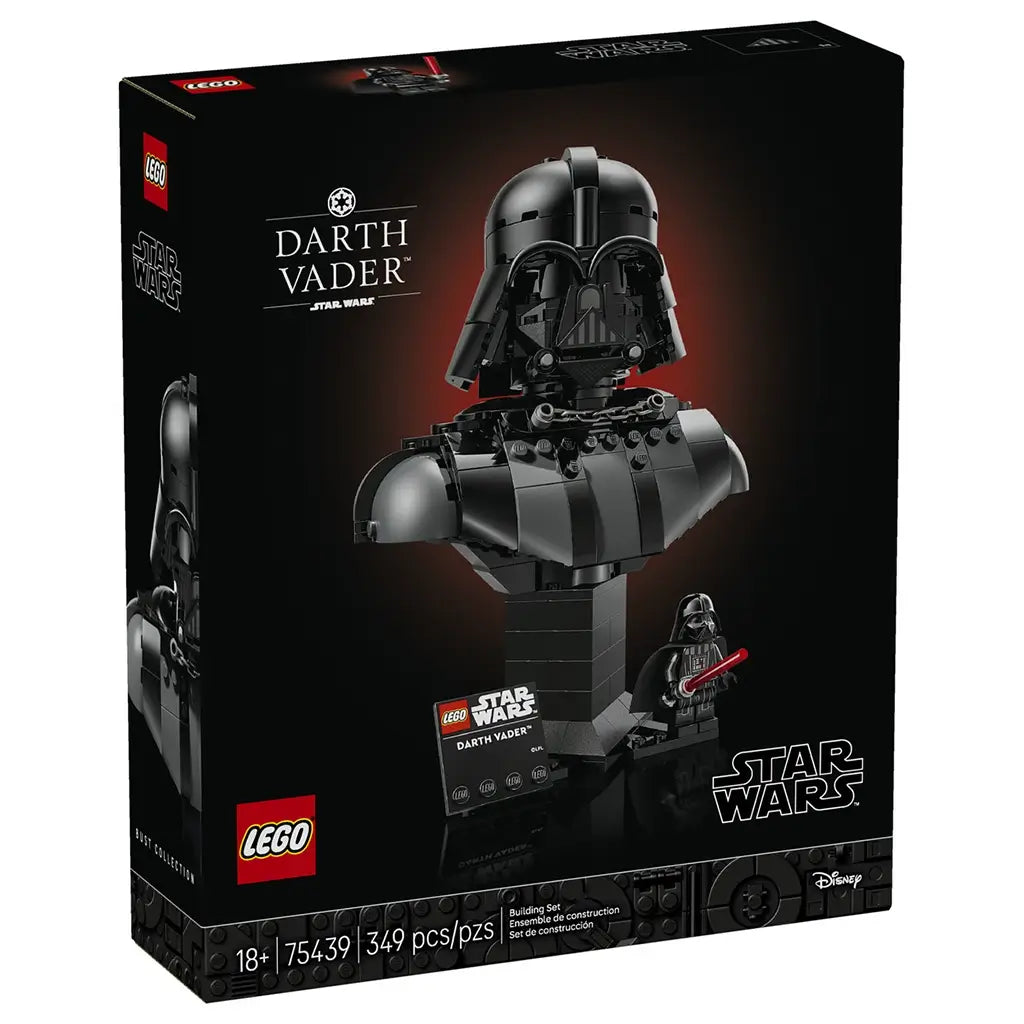 LEGO Star Wars Darth Vader retail box features black character artwork, premium collector packaging and a display bust image with minifigure, presented on a dark background.