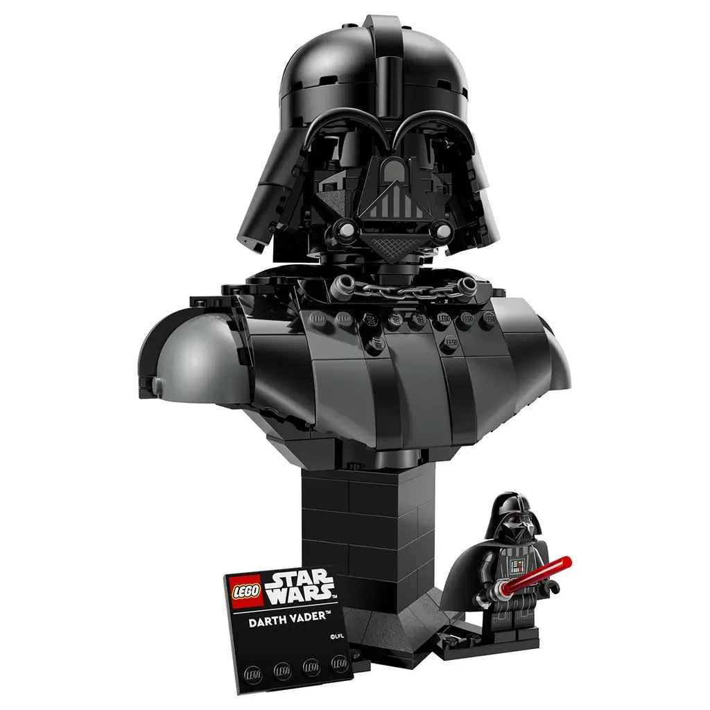 LEGO Star Wars Darth Vader bust features glossy black plastic armor textures, a sculpted helmet form, display stand, character plaque and minifigure on a clean studio background.