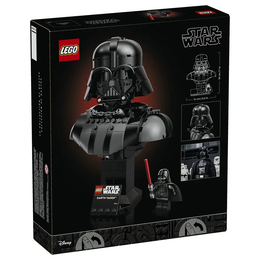 LEGO Star Wars Darth Vader package back highlights a glossy black plastic bust with rotating display features, character plaque and minifigure against branded packaging artwork.